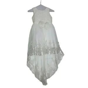 Flower Girl White Hi Lo Silver Sequined Flower Waist Long Train Wedding Dress